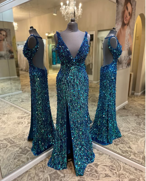 Gorgeous Strap Deep V Neck Backless Slit Sequin Mermaid Prom Dress Evening Dress TP2299