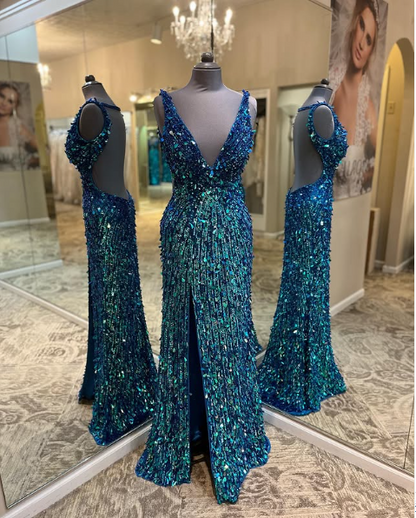 Gorgeous Strap Deep V Neck Backless Slit Sequin Mermaid Prom Dress Evening Dress TP2299