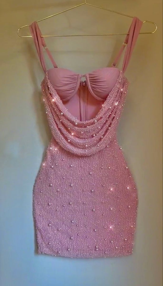 Sexy Pink Sweetheart Neck Hollow Pearl Bodycon Mini Birthday Party Dress Prom Dress TP2309