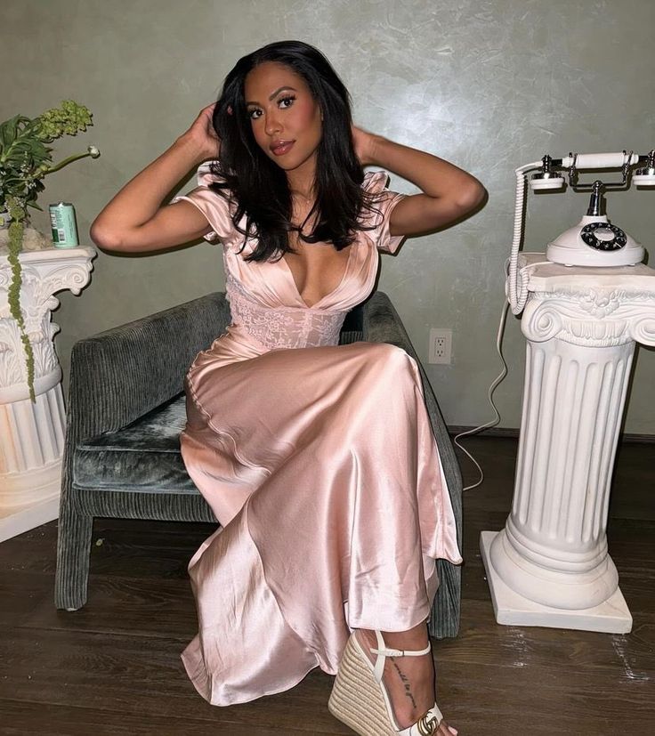 Pink Soft Satin V-Neck Short Sleeve Lace Long Prom Dress Evening Dress TP2312