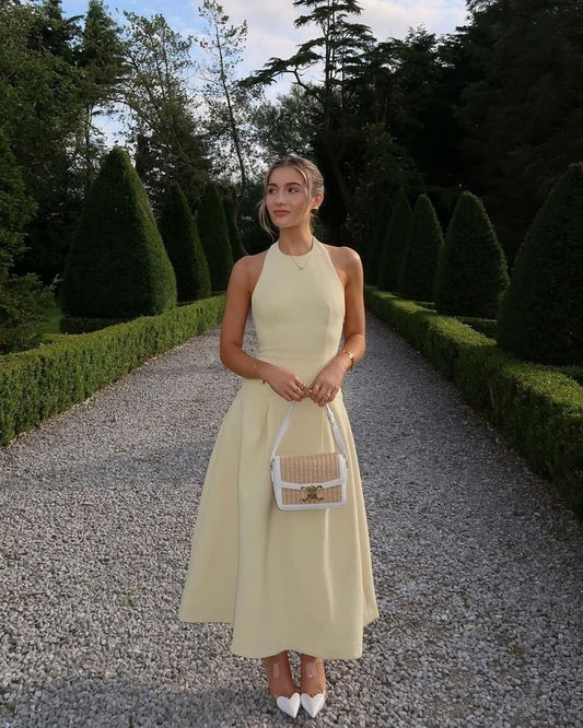 Light Yellow Round Neck Off Shoulder A-Line Length to Ankle Elegant Formal Prom Dress Evening Gown TP2314