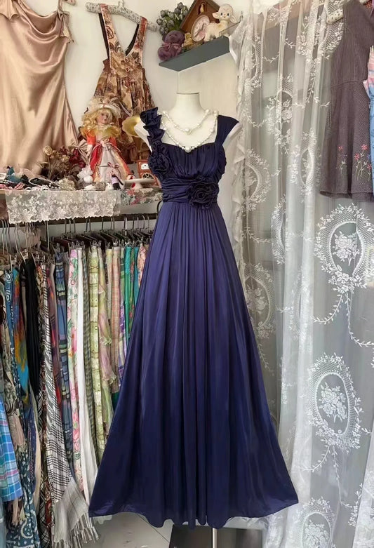 Retro Navy Blue Shoulder Straps 3D Flower A-Line Prom Dress TP2315