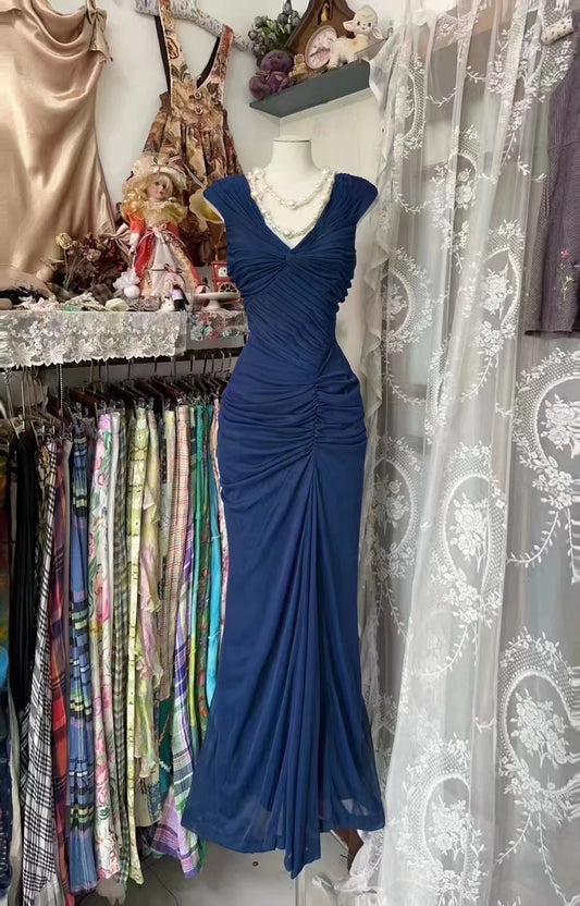 Vintage Navy Strapless Sleeveless Ruffled Mermaid Tulle Ball Gown Evening Dress TP2317