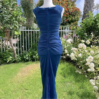 Vintage Navy Strapless Sleeveless Ruffled Mermaid Tulle Ball Gown Evening Dress TP2317