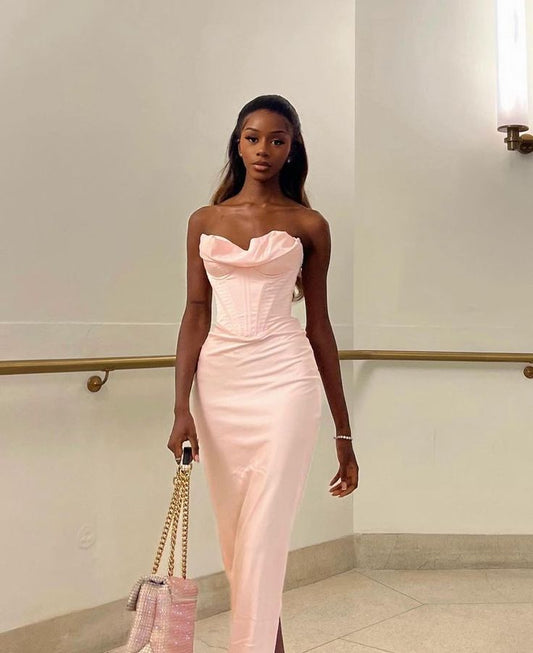 Satin Pink Strapless Sweetheart Neck Mermaid Long Ball Gown Evening Dress TP2318