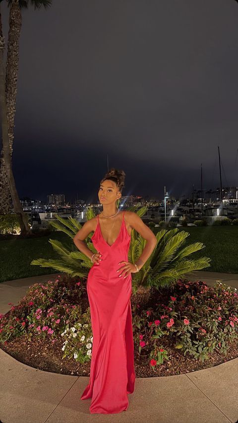 Hot Pink Spaghetti Strap Low Neck Satin Slit Floor Length Ball Gown Evening Dress TP2321
