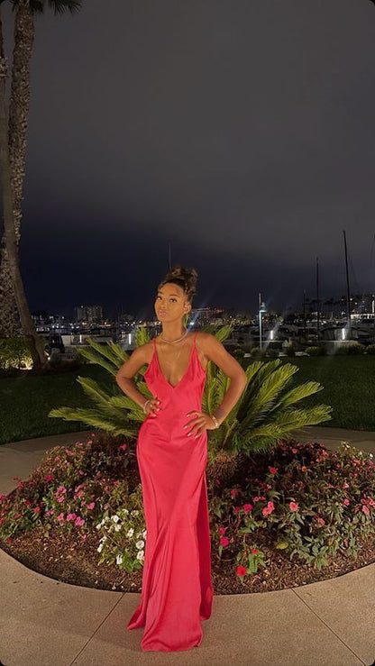 Hot Pink Spaghetti Strap Low Neck Satin Slit Floor Length Ball Gown Evening Dress TP2321