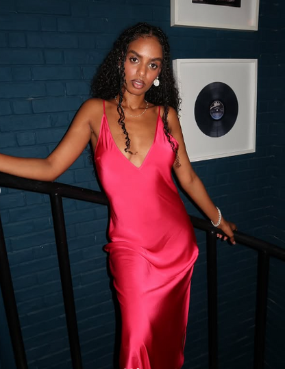 Hot Pink Spaghetti Strap Low Neck Satin Slit Floor Length Ball Gown Evening Dress TP2321