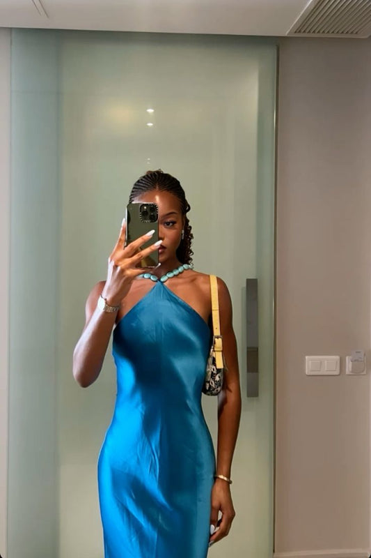 Chic Satin Halter Neck Mermaid Blue Long Prom Dress Evening Dress TP2325