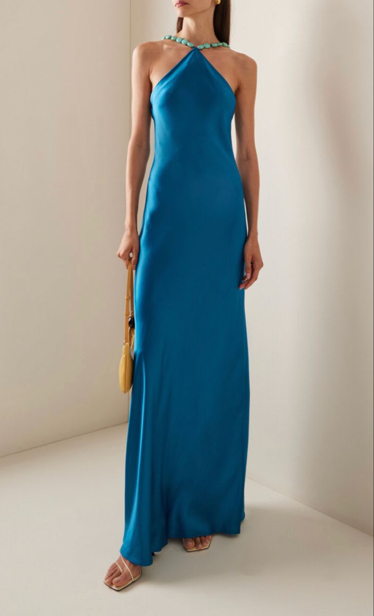 Chic Satin Halter Neck Mermaid Blue Long Prom Dress Evening Dress TP2325