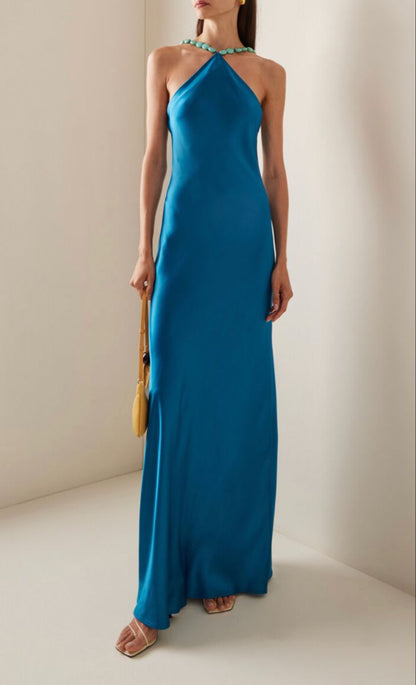 Chic Satin Halter Neck Mermaid Blue Long Prom Dress Evening Dress TP2325