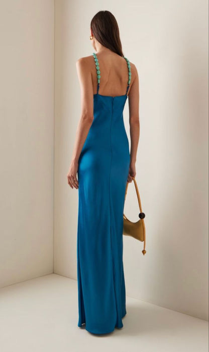Chic Satin Halter Neck Mermaid Blue Long Prom Dress Evening Dress TP2325