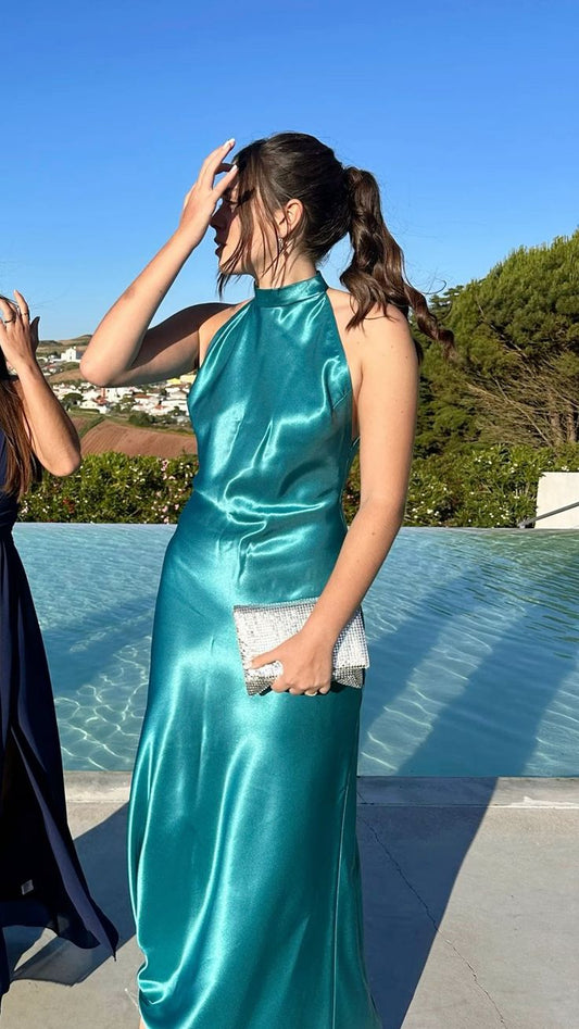 Simple Green High Neck Off Shoulder Satin Long Formal Prom Dress Evening Gown TP2326