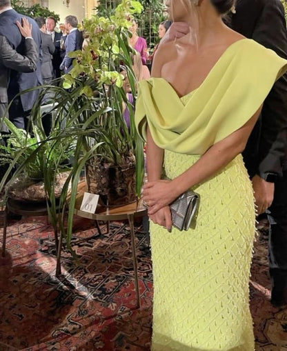 Elegant Yellow Off Shoulder Sleeveless Floor Length Formal Prom Dress Evening Gown TP2328