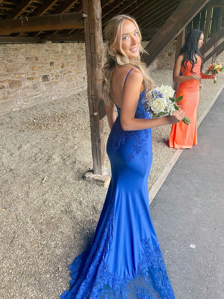 Spaghetti Strap Lace Sleeveless Backless Satin Long Formal Mermaid Ball Gown Bridesmaids TP2333