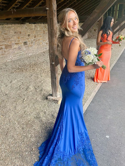 Spaghetti Strap Lace Sleeveless Backless Satin Long Formal Mermaid Ball Gown Bridesmaids TP2333