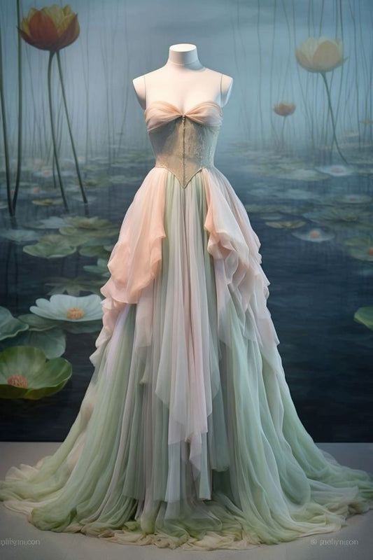 Dreamy Gradient Green Strapless Sweetheart Neck Layered Wedding Dress TP2336