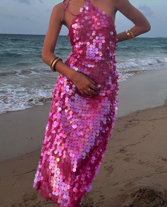 Gorgeous Hot Pink Sequined Backless Sleeveless Ankle-Length Prom Dress Evening Dress TP2337