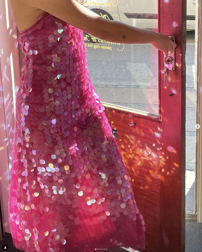 Gorgeous Hot Pink Sequined Backless Sleeveless Ankle-Length Prom Dress Evening Dress TP2337