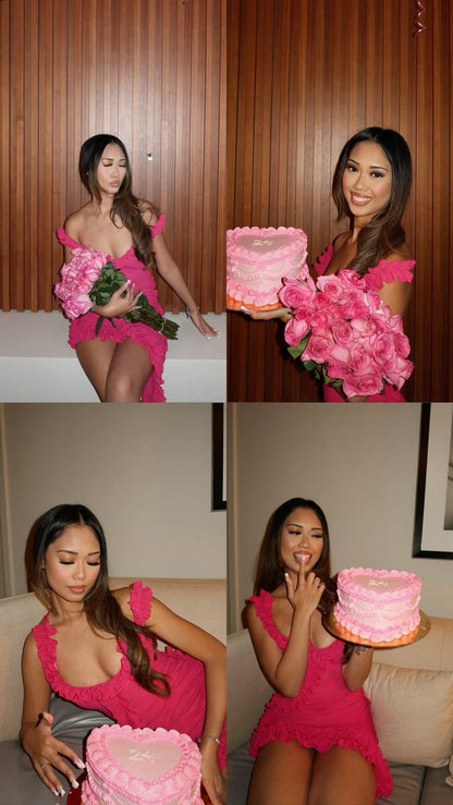 Pink Low Neck Ruffle Irregular Skirt Backless Short Prom Dress Birthday Party Dress TP2340