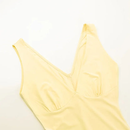 Elegant light yellow strap V-neck slit prom dress evening dress TP2344