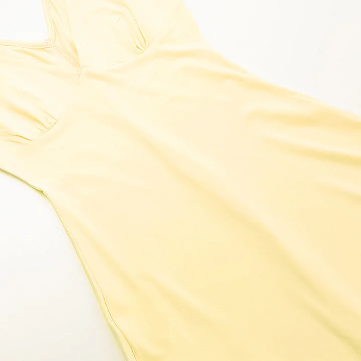 Elegant light yellow strap V-neck slit prom dress evening dress TP2344