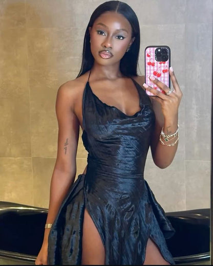 Chic Black Halter Low Neck Slit Short Prom Dress Party Dress TP2345
