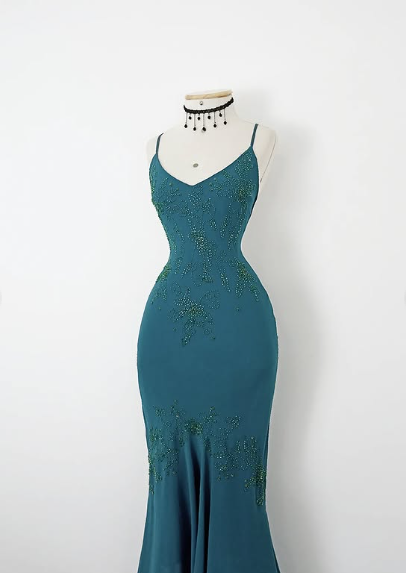 Vintage Blue Spaghetti Strap V Neck Beaded Off Shoulder Mermaid Ball Gown Evening Dress TP2350