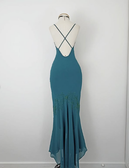 Vintage Blue Spaghetti Strap V Neck Beaded Off Shoulder Mermaid Ball Gown Evening Dress TP2350