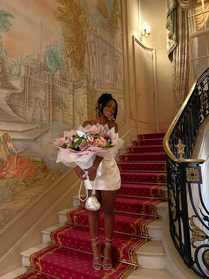 White Satin Strapless Mini Birthday Party Dress Homecoming Dress TP2353