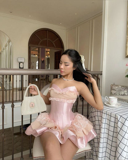 18th Birthday Sweet Pink Strapless Sweetheart Neck Lace Silk Satin Mini Birthday Dress Homecoming Dress TP2358