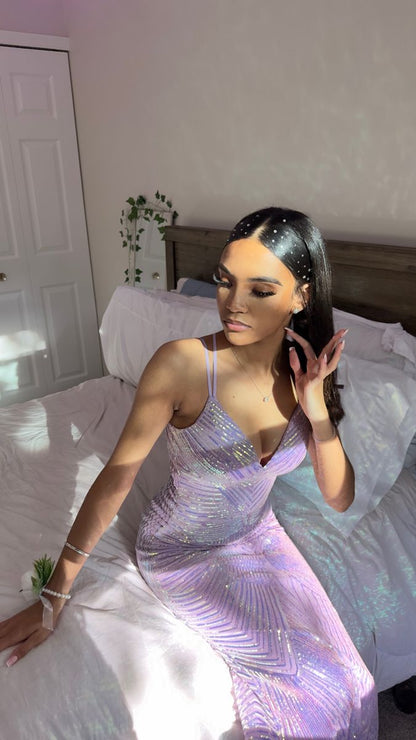 Sparkling Purple Straps V Neck Sequin Floor Length Prom Dress Bridesmaid Dress TP2360