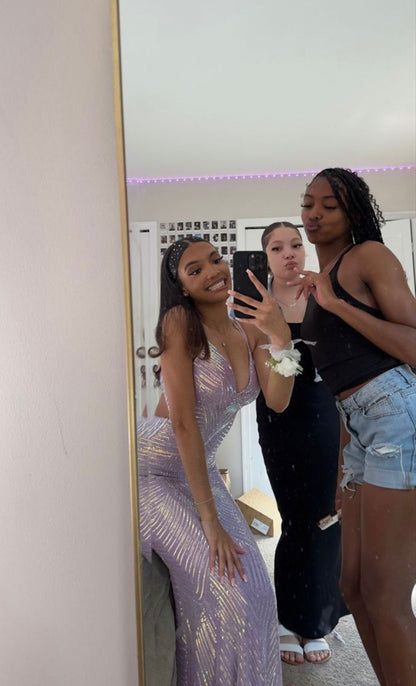 Sparkling Purple Straps V Neck Sequin Floor Length Prom Dress Bridesmaid Dress TP2360