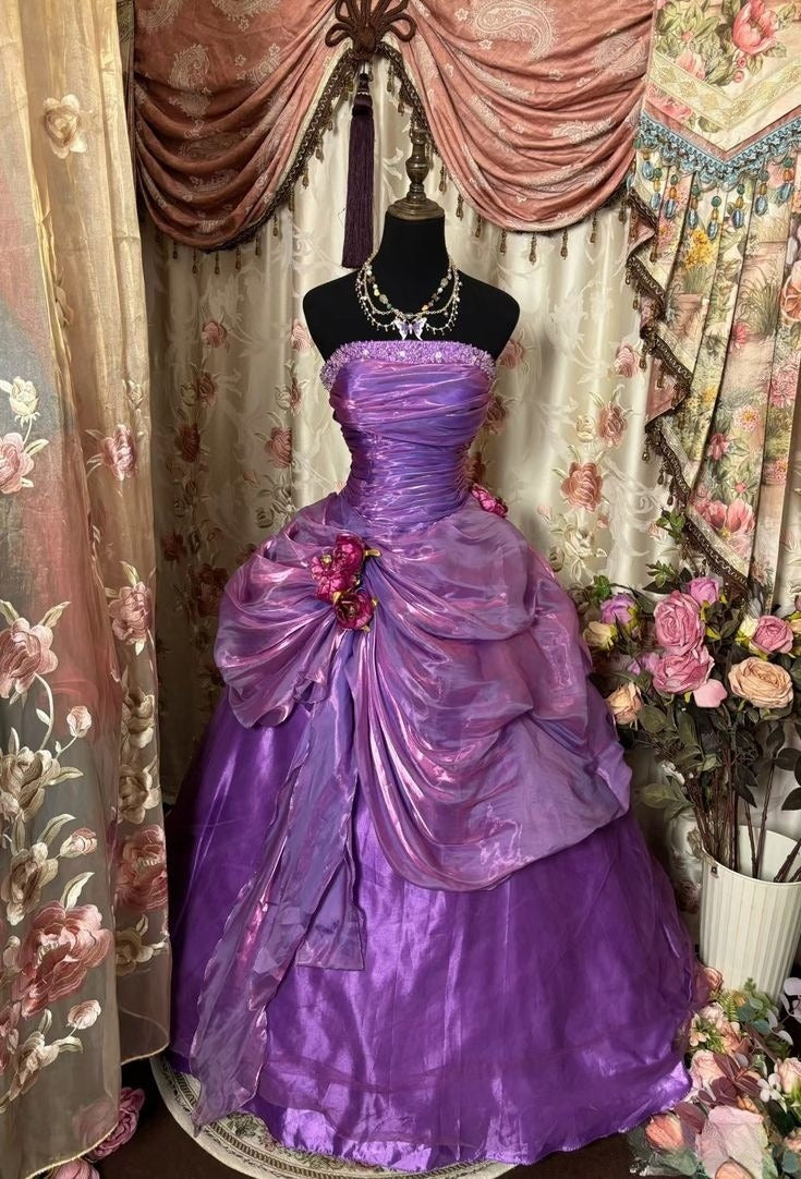 Vintage Strapless A-Line Purple Pleated Formal Long Prom Dress Evening Gown TP2361