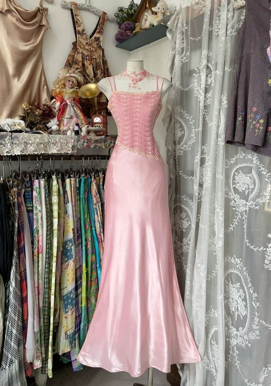 Vintage Spaghetti Strap Satin Beaded Mermaid Long Prom Dress Evening Dress TP2366