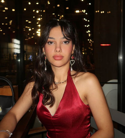 A-Line Halter V-Neck Satin Short Burgundy Birthday Party Dress Prom Dress TP2369