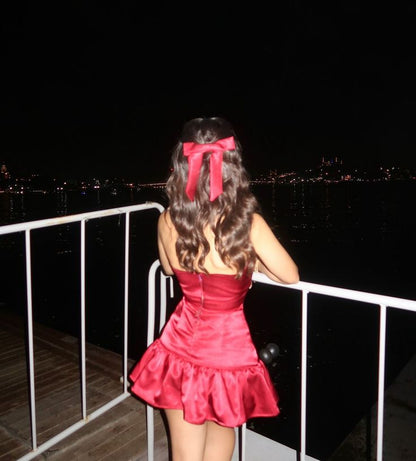 A-Line Halter V-Neck Satin Short Burgundy Birthday Party Dress Prom Dress TP2369