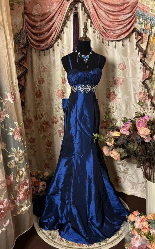 A-Line Vintage Blue Strap Satin Floor Length Prom Dress Evening Gown TP2376