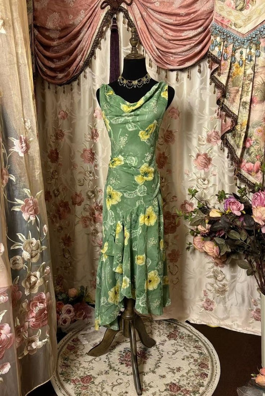 Vintage Green Printed Sleeveless Irregular Skirt Long Prom Dress Evening Dress TP2377