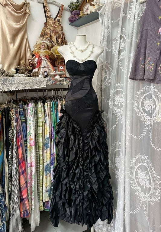 Vintage Strapless Sweetheart Neck Ruffled Black Long Prom Dress Evening Gown TP2378