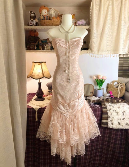 Sweetheart Pink Strapless Satin Bow Lace Long Prom Dress Evening Gown TP2380