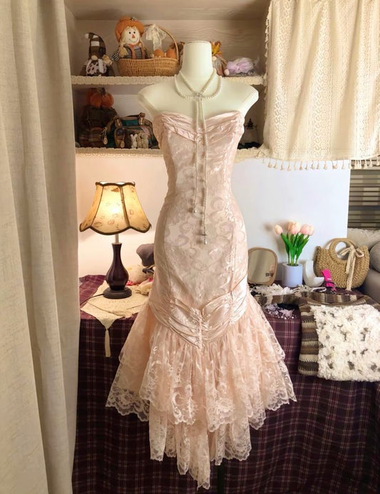 Sweetheart Pink Strapless Satin Bow Lace Long Prom Dress Evening Gown TP2380