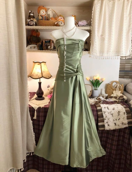 Simple Green Satin Strapless A-Line Formal Prom Dress Evening Gown TP2381