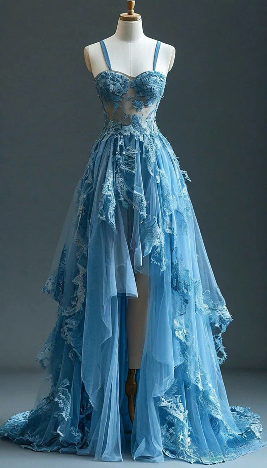Illusion Strap Tulle High Low A-Line Blue Formal Long Prom Dress Evening Dress TP2382