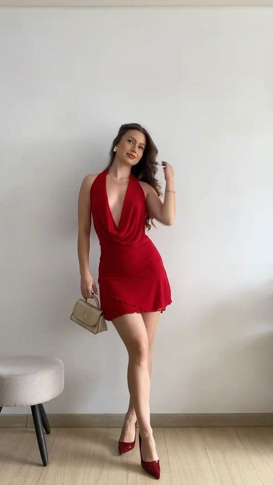 Sexy Burgundy Halter Neck Low Neck Sleeveless Chiffon Short Prom Dress Evening Dress TP2383