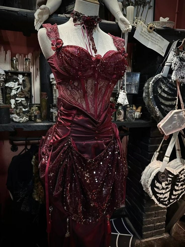 Vintage Burgundy Strap Lace Beaded Sequin Satin Mermaid Prom Dress Party Dress TP2384