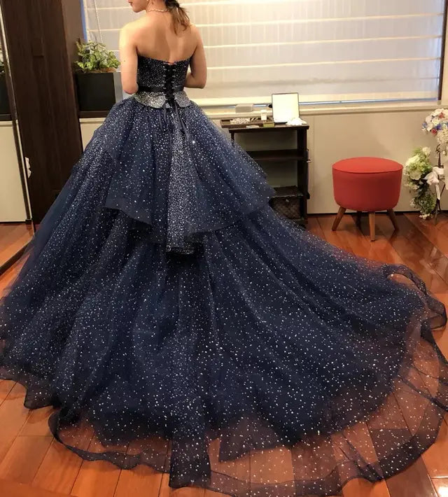 A-Line Elegant Navy Strapless Floor-length Formal Prom Dress Evening Gown TP2389