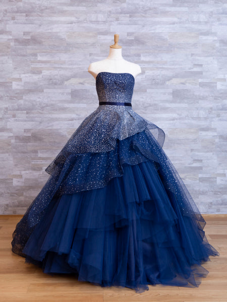 Elegant A-Line Navy Blue Strapless Beaded Floor-length Formal Prom Dress Evening Gown TP2389