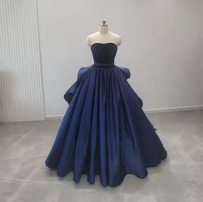 A-line elegant navy blue strapless satin tulle formal prom dress evening gown TP2390