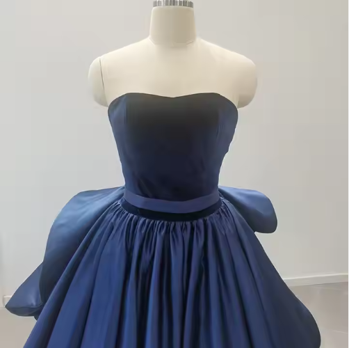A-line elegant navy blue strapless satin tulle formal prom dress evening gown TP2390